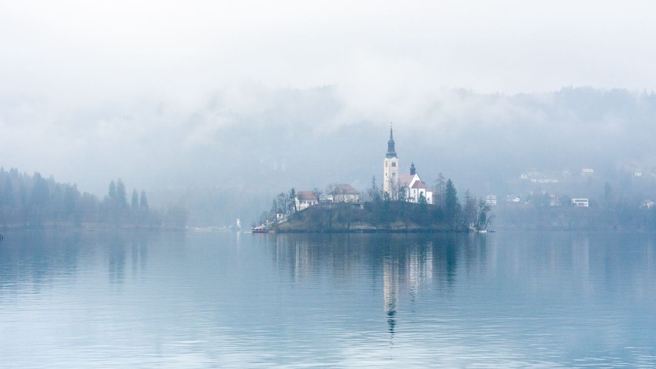 Wallpaper chapel, houses, island, lake, fog