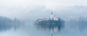 Preview wallpaper chapel, houses, island, lake, fog