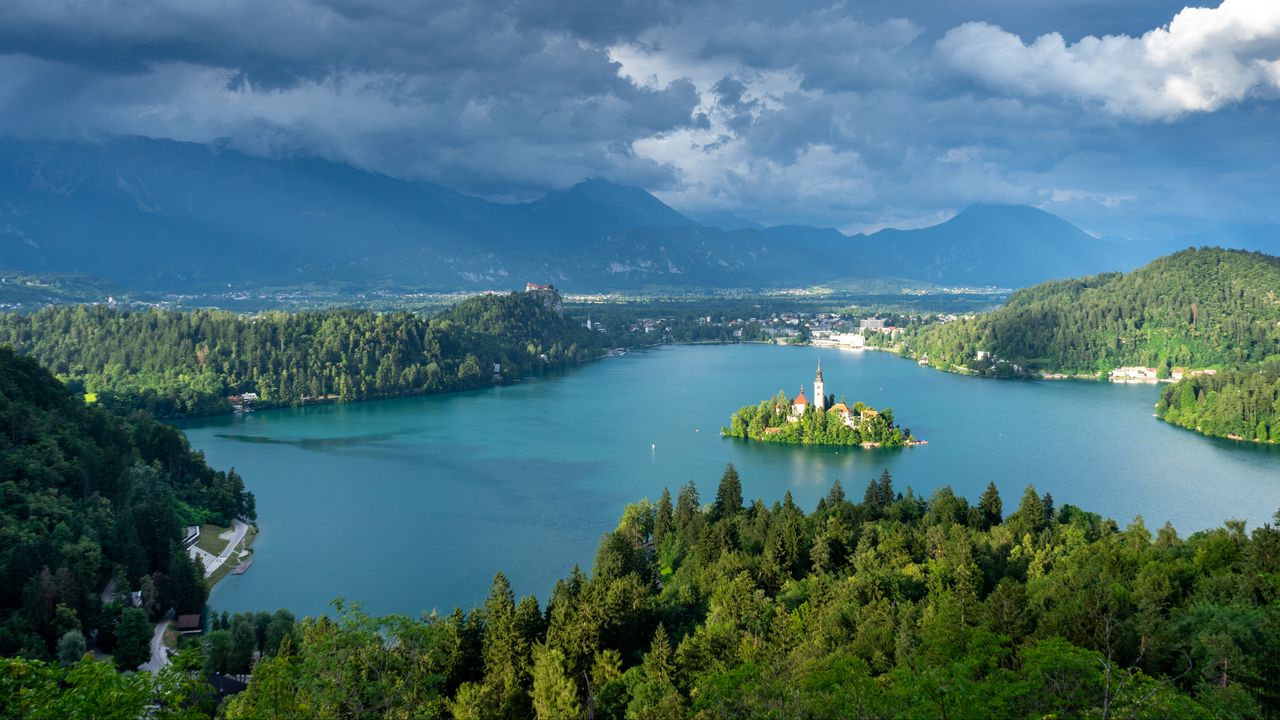 Wallpaper chapel, island, lake, trees, mountains