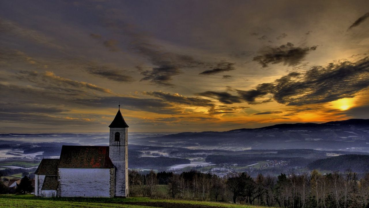 Wallpaper chapel, mountains, eminence, sky, clouds