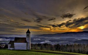 Preview wallpaper chapel, mountains, eminence, sky, clouds