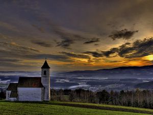 Preview wallpaper chapel, mountains, eminence, sky, clouds