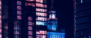 Preview wallpaper chapel, night city, buildings, neon