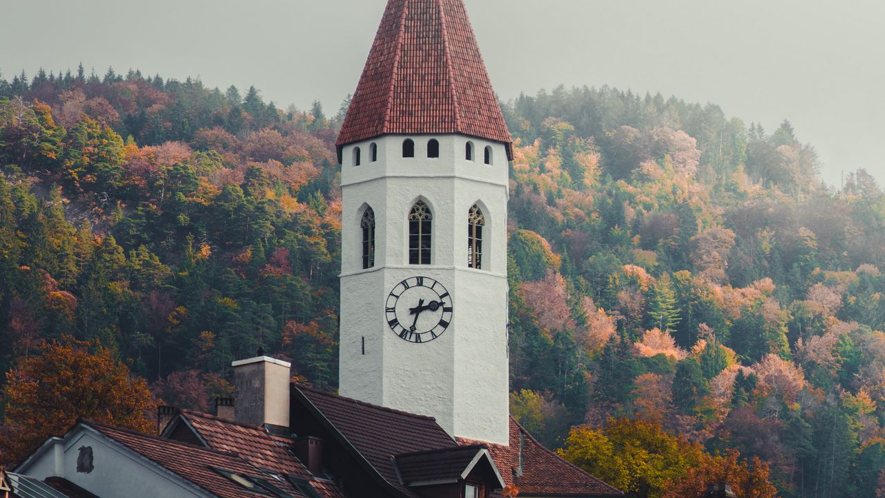 Wallpaper chapel, tower, architecture, buildings, trees, autumn