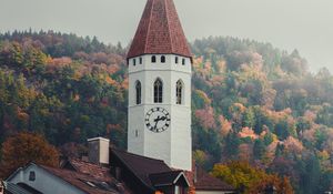 Preview wallpaper chapel, tower, architecture, buildings, trees, autumn