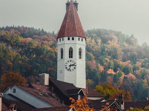 Preview wallpaper chapel, tower, architecture, buildings, trees, autumn