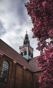 Preview wallpaper chapel, tower, building, architecture, tree, branches