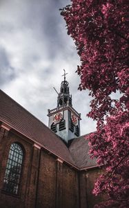 Preview wallpaper chapel, tower, building, architecture, tree, branches