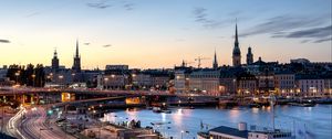 Preview wallpaper chapel, tower, buildings, city, pier, water