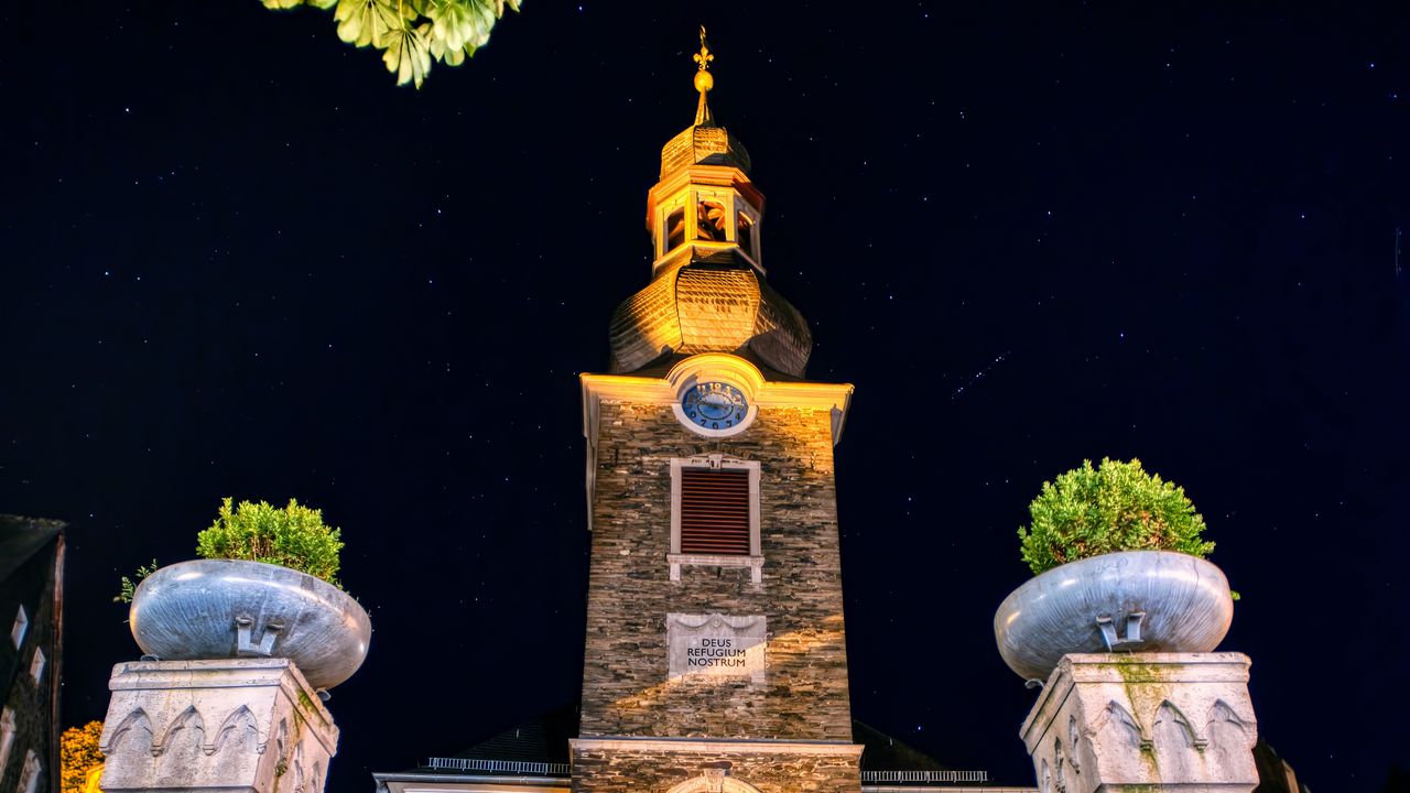 Wallpaper chapel, tower, church, night, starry sky, bottom view
