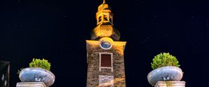 Preview wallpaper chapel, tower, church, night, starry sky, bottom view