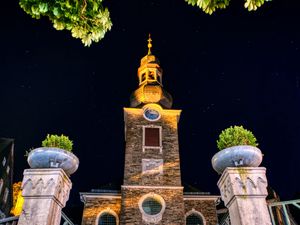 Preview wallpaper chapel, tower, church, night, starry sky, bottom view