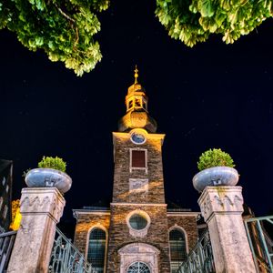 Preview wallpaper chapel, tower, church, night, starry sky, bottom view