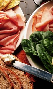 Preview wallpaper cheese, meat, slices, knife, bread, greens