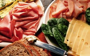 Preview wallpaper cheese, meat, slices, knife, bread, greens