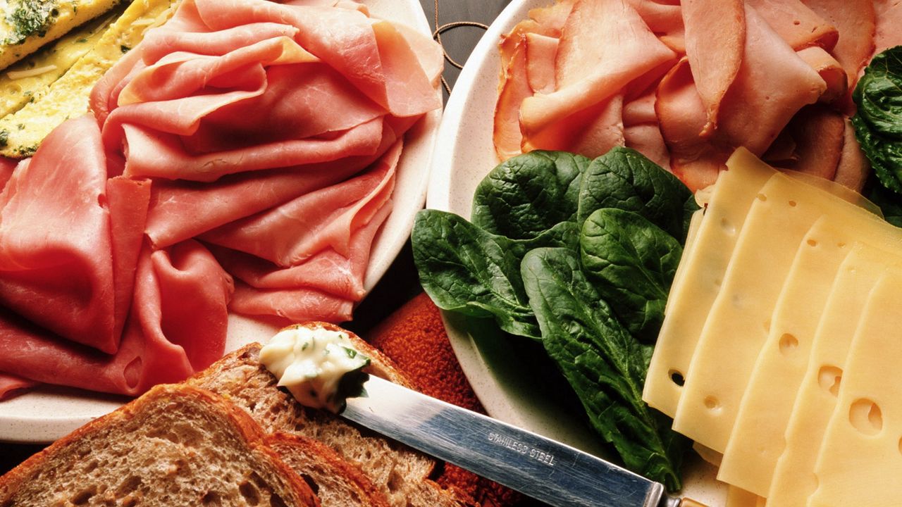 Wallpaper cheese, meat, slices, knife, bread, greens
