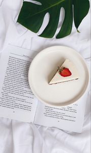 Preview wallpaper cheesecake, strawberries, dessert, book, aesthetics