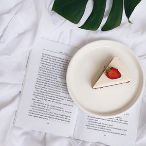 Preview wallpaper cheesecake, strawberries, dessert, book, aesthetics