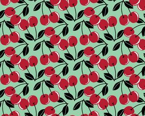 Preview wallpaper cherries, berries, fruits, red, leaves, scapes, pattern