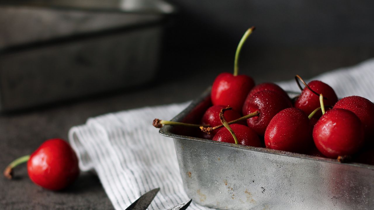 Wallpaper cherries, berries, scissors, fruits