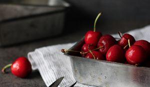 Preview wallpaper cherries, berries, scissors, fruits