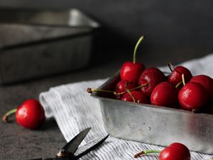 Preview wallpaper cherries, berries, scissors, fruits