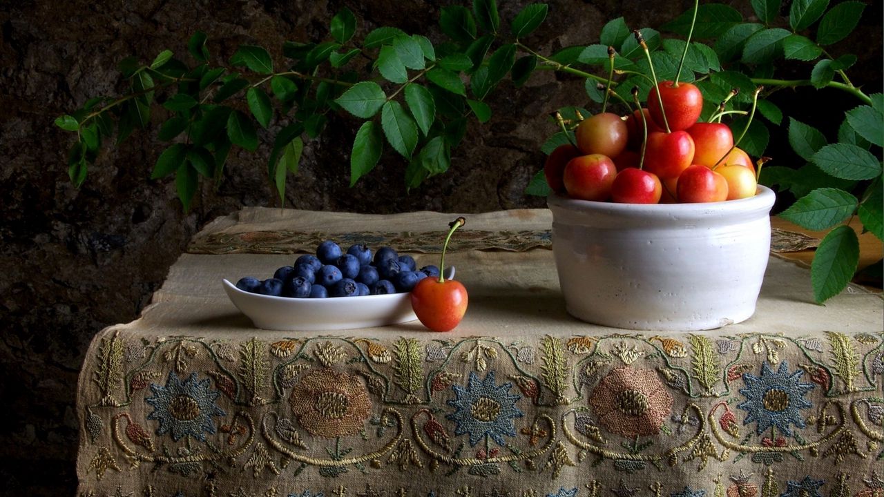 Wallpaper cherries, blueberries, berries, still life, table, tablecloth, branch