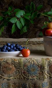 Preview wallpaper cherries, blueberries, berries, still life, table, tablecloth, branch