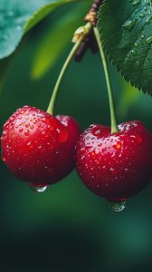 Preview wallpaper cherries, fruits, drops, dew, macro, red