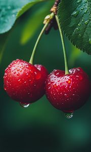 Preview wallpaper cherries, fruits, drops, dew, macro, red