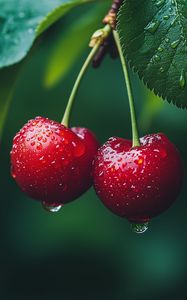 Preview wallpaper cherries, fruits, drops, dew, macro, red