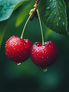 Preview wallpaper cherries, fruits, drops, dew, macro, red