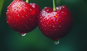 Preview wallpaper cherries, fruits, drops, dew, macro, red