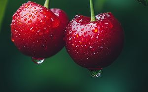 Preview wallpaper cherries, fruits, drops, dew, macro, red