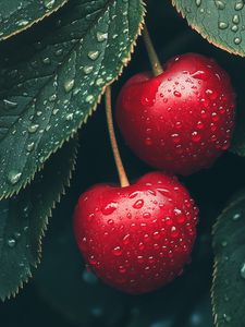 Preview wallpaper cherry, berries, drops, moisture, macro, red