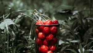 Preview wallpaper cherry, berries, glass, grass, macro