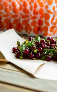 Preview wallpaper cherry, berries, leaves, parchment, macro