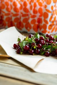 Preview wallpaper cherry, berries, leaves, parchment, macro