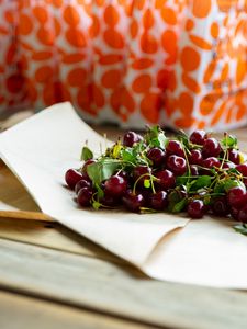 Preview wallpaper cherry, berries, leaves, parchment, macro