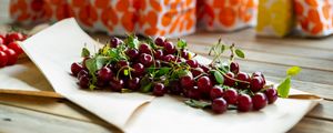 Preview wallpaper cherry, berries, leaves, parchment, macro