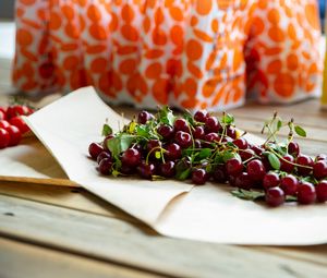 Preview wallpaper cherry, berries, leaves, parchment, macro