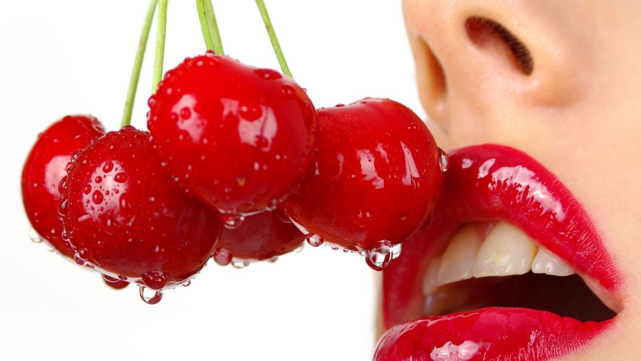 Wallpaper cherry, close up, lips, girl, red