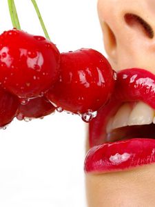 Preview wallpaper cherry, close up, lips, girl, red