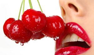 Preview wallpaper cherry, close up, lips, girl, red