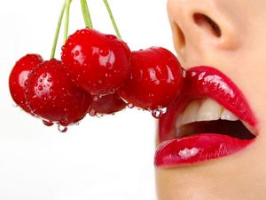 Preview wallpaper cherry, close up, lips, girl, red