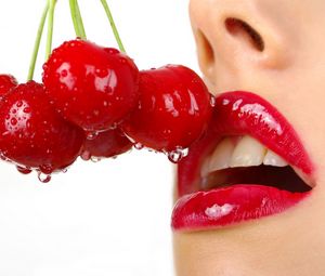 Preview wallpaper cherry, close up, lips, girl, red