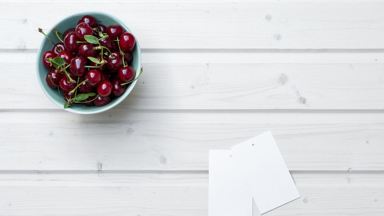 Wallpaper cherry, leaves, bowl, wood, white