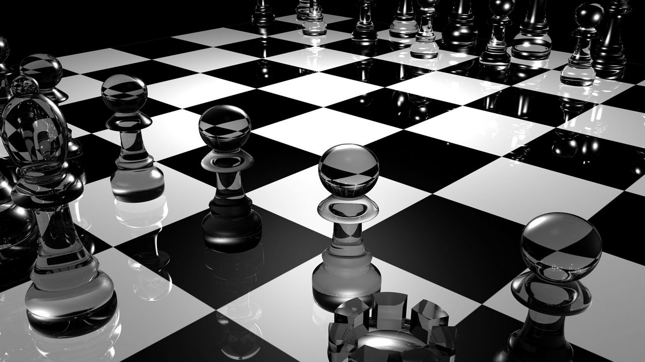 Wallpaper chess, board, glass, black white, surface