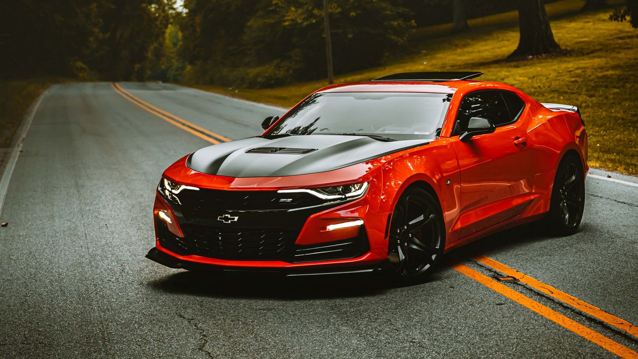 Wallpaper chevrolet camaro, chevrolet, car, red, sportscar, road