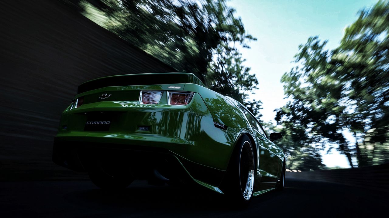 Wallpaper chevrolet, camaro, green, rear bumper, speed, blur